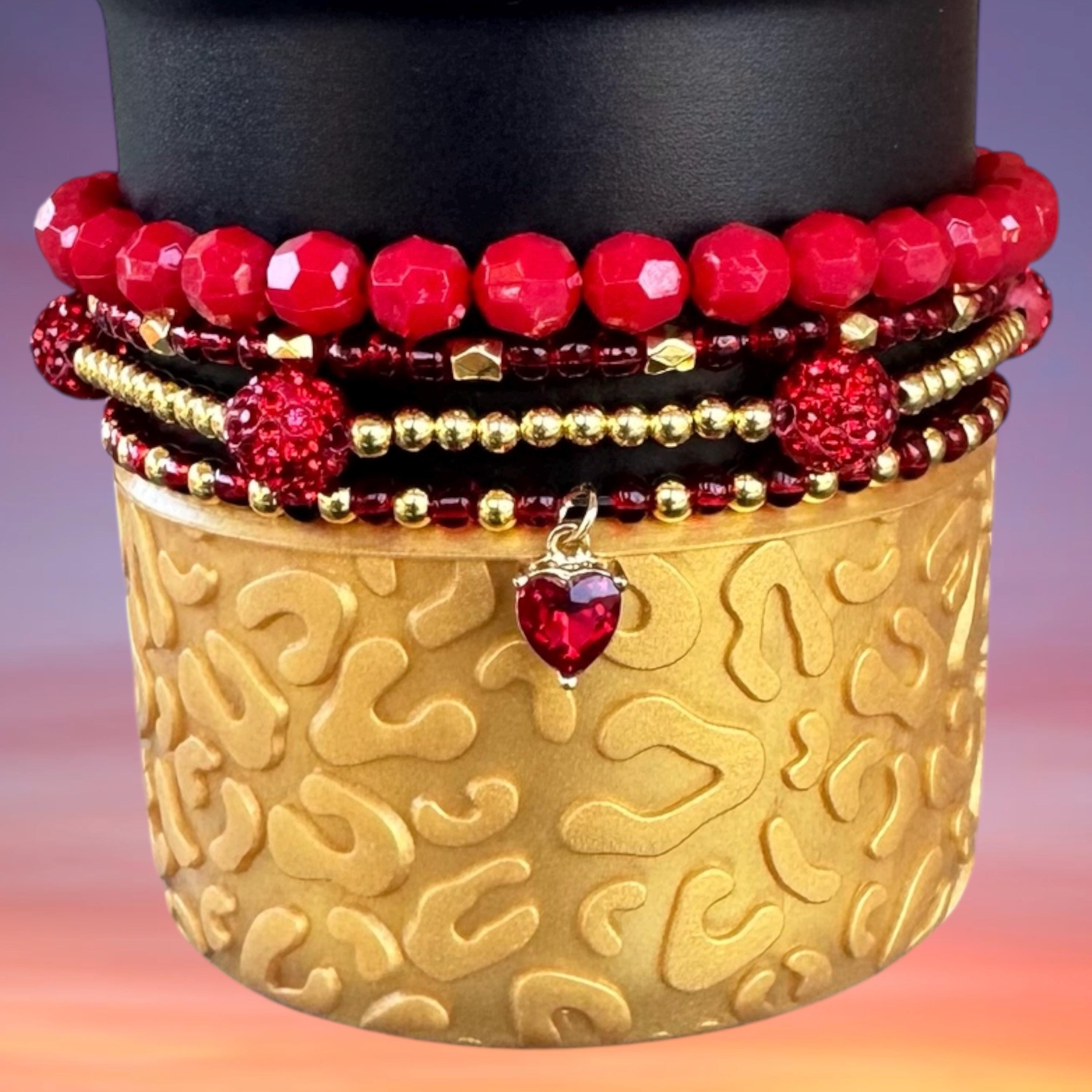 Tumbler Bracelet Stack, Red and Gold with Heart Charm, 30oz 40 oz Tumbler Cup Accessories