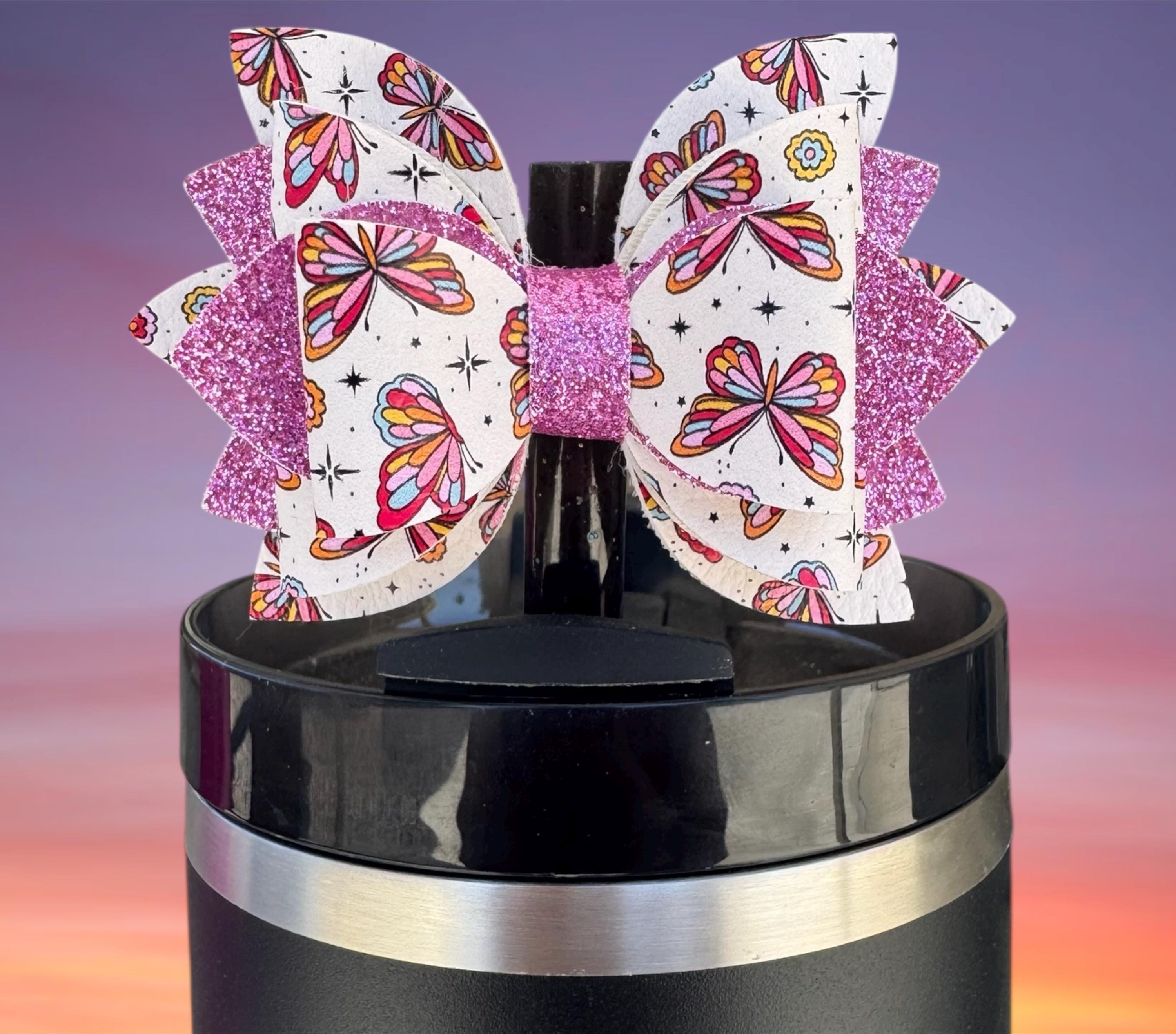 Leather Bow, Butterflies and Pink Glitter