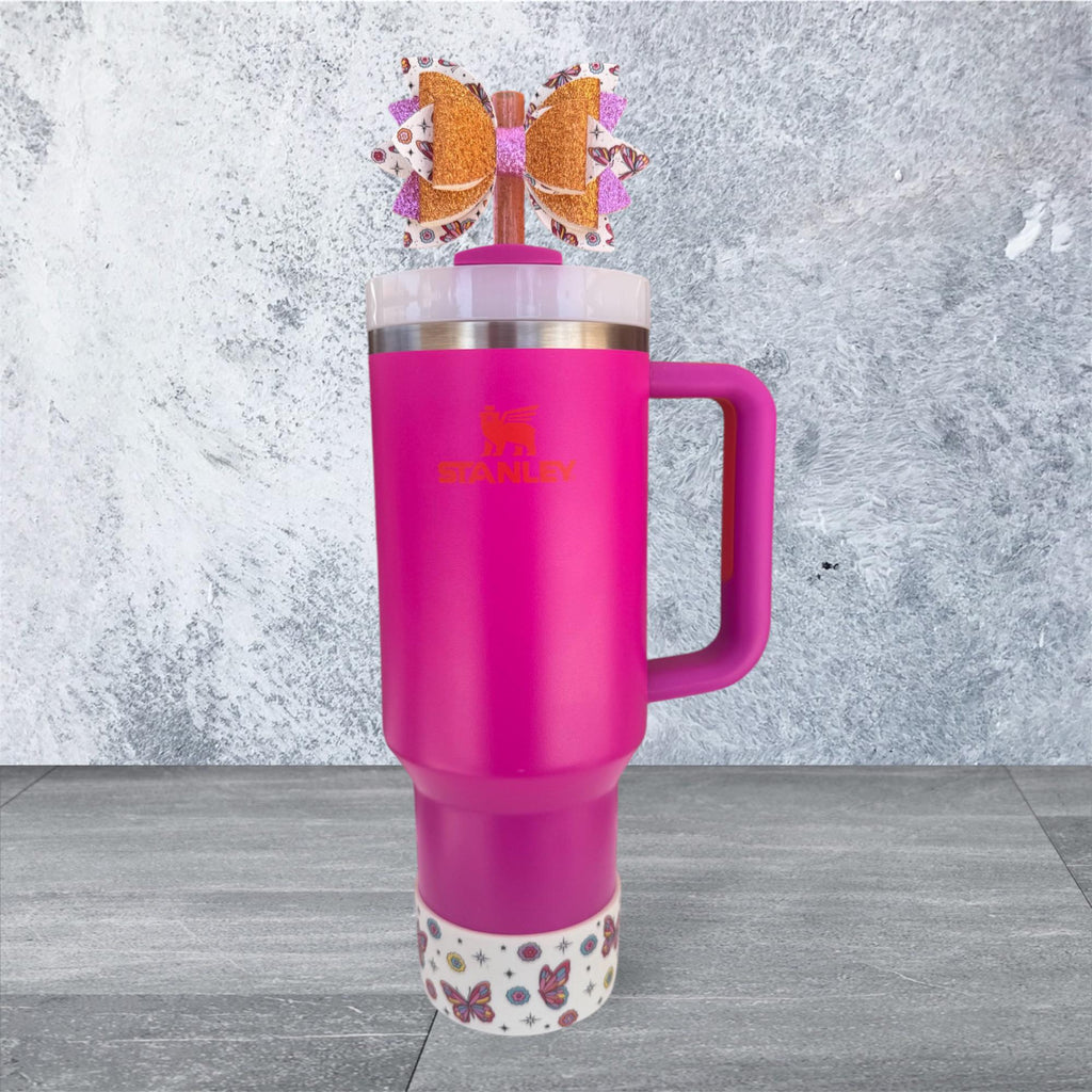 Leather Bow, Butterflies, Orange and Pink Glitter