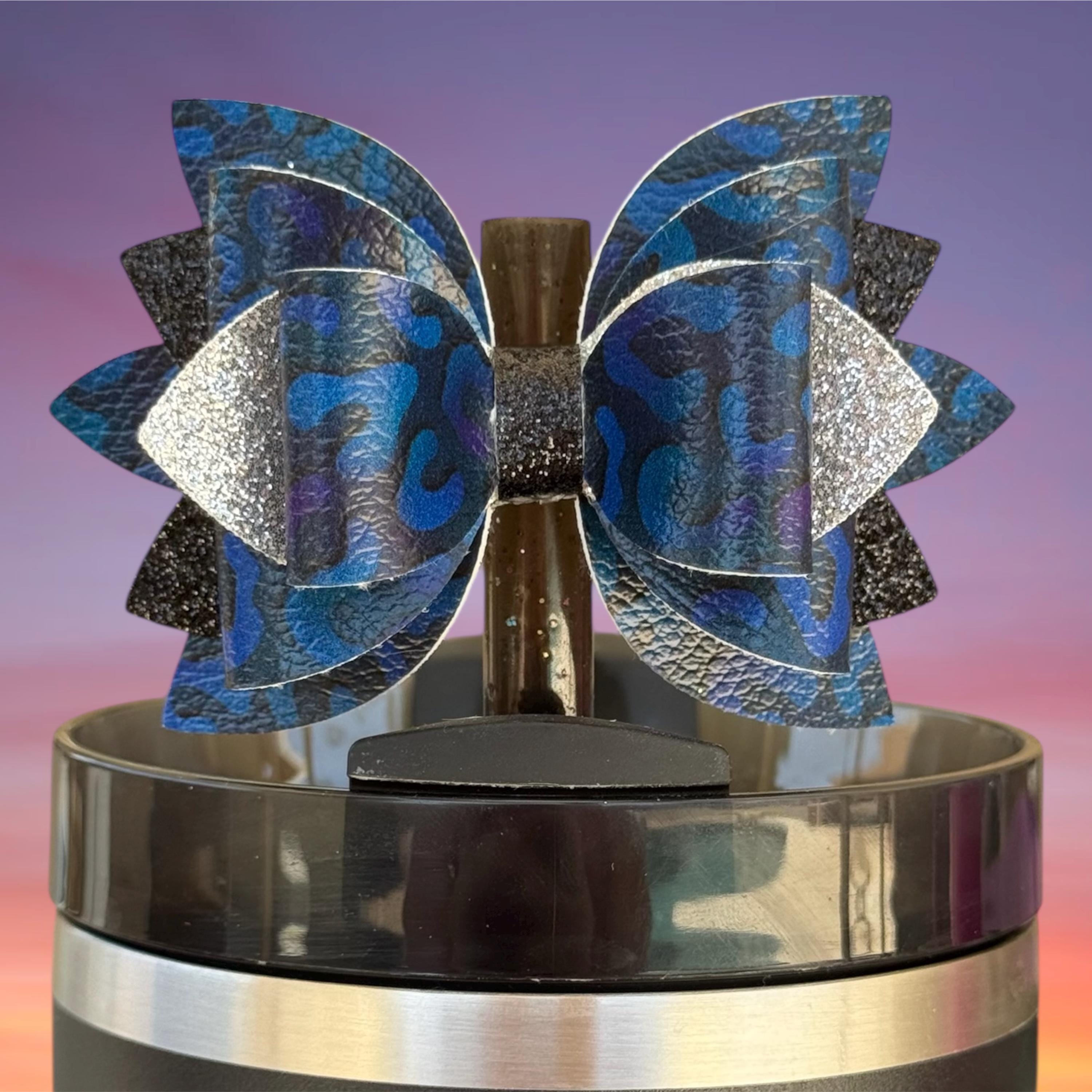 Leather Bow, Blue Leopard and Black and Silver Glitter