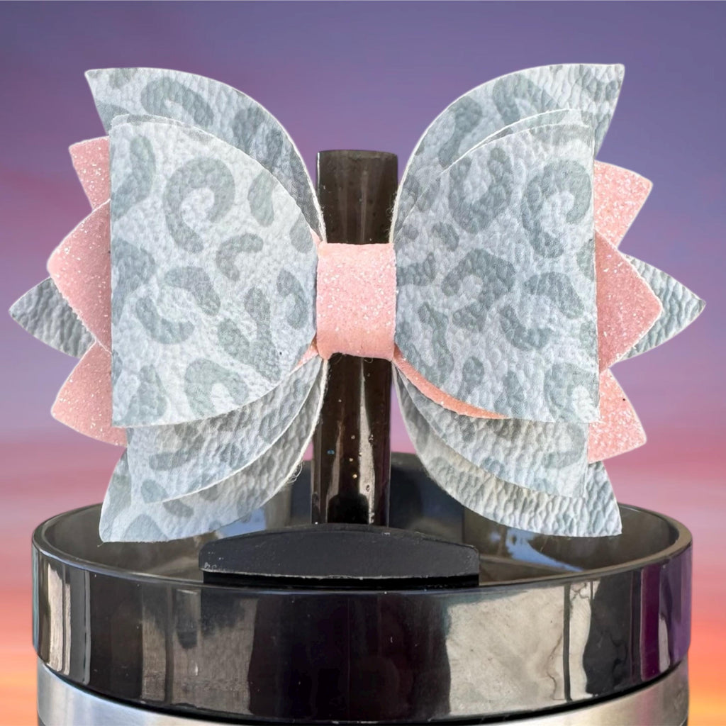 Leather Bow, Gray Leopard and Pink Glitter