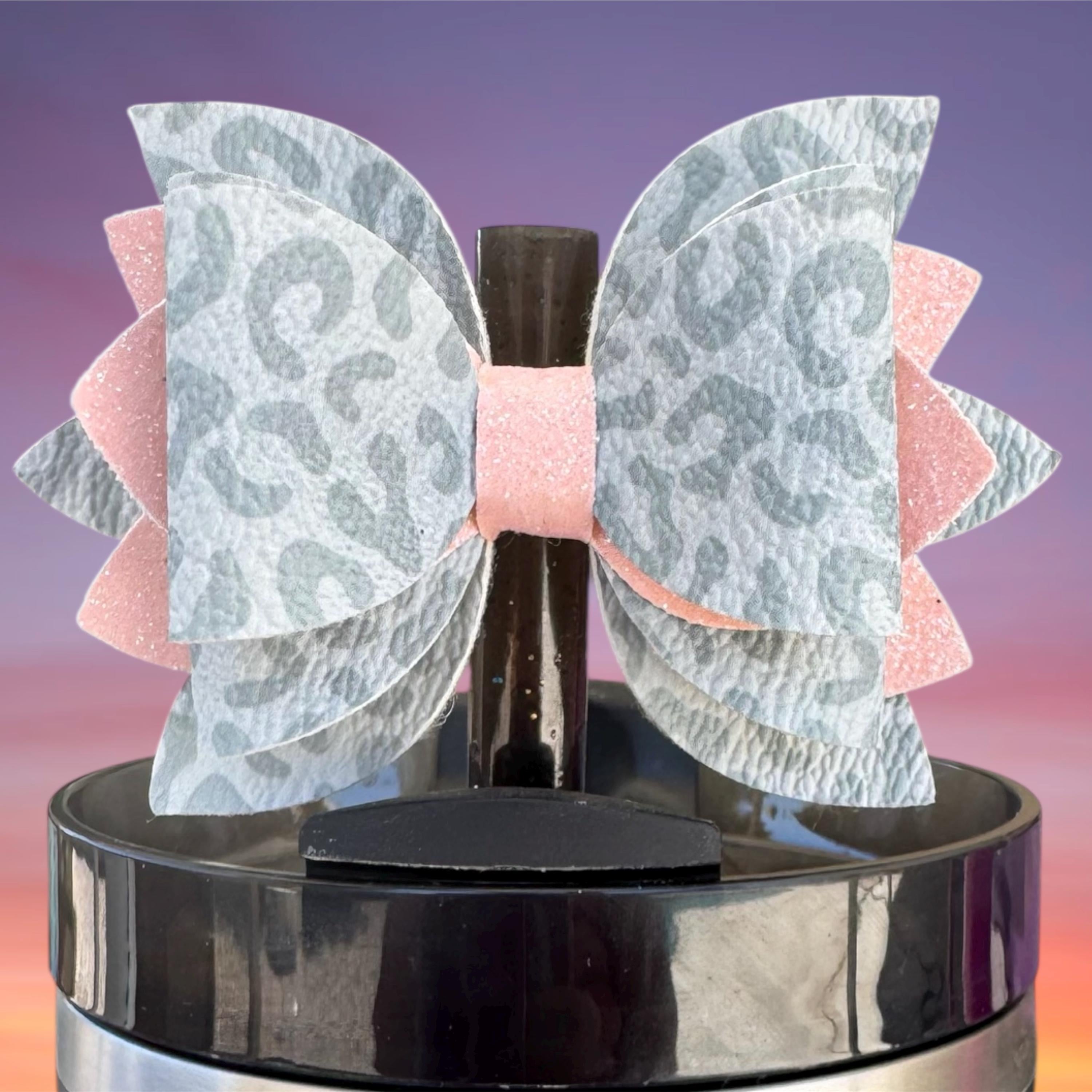 Leather Bow, Gray Leopard and Pink Glitter