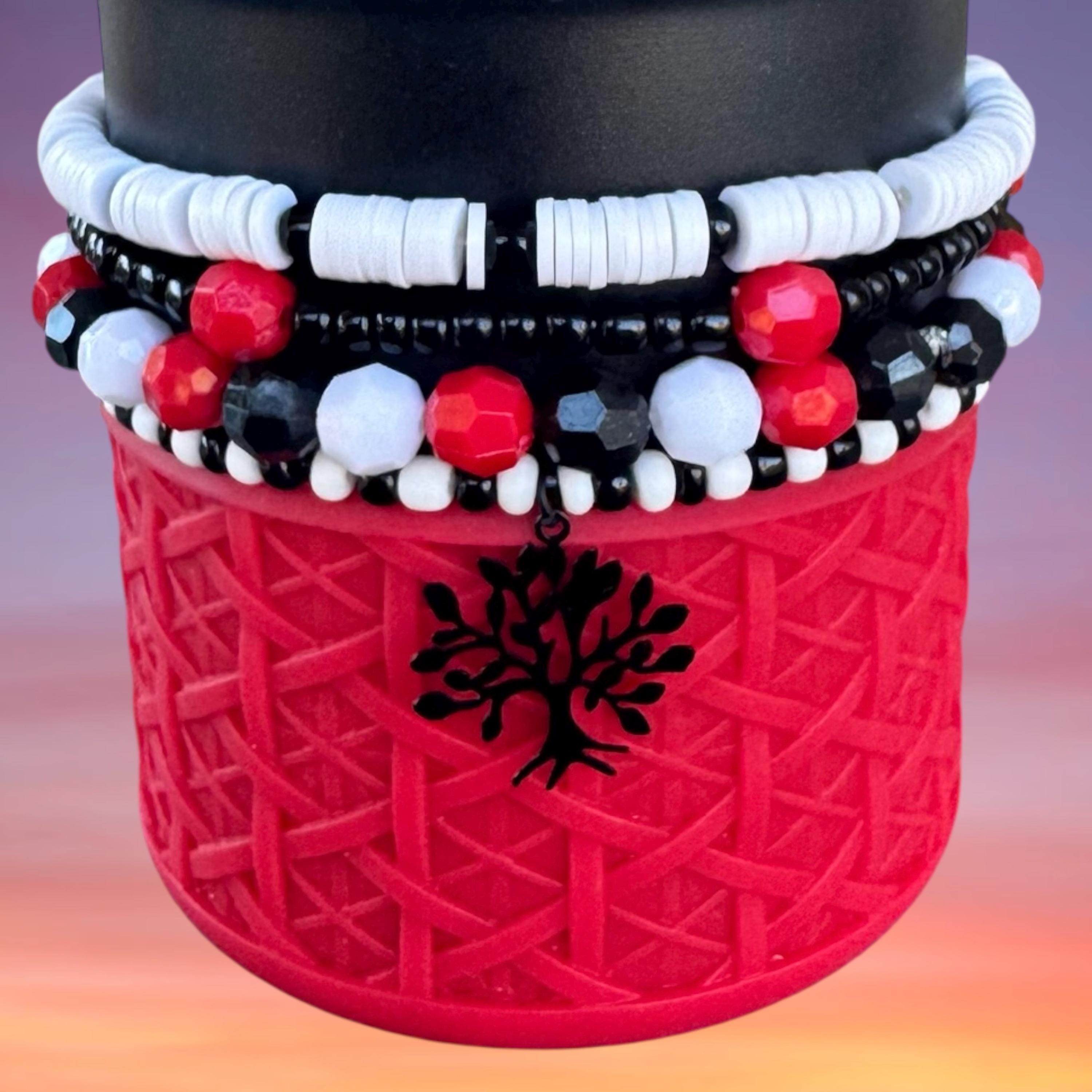 Tumbler Bracelet Stack, Red and Black with Tree Charm