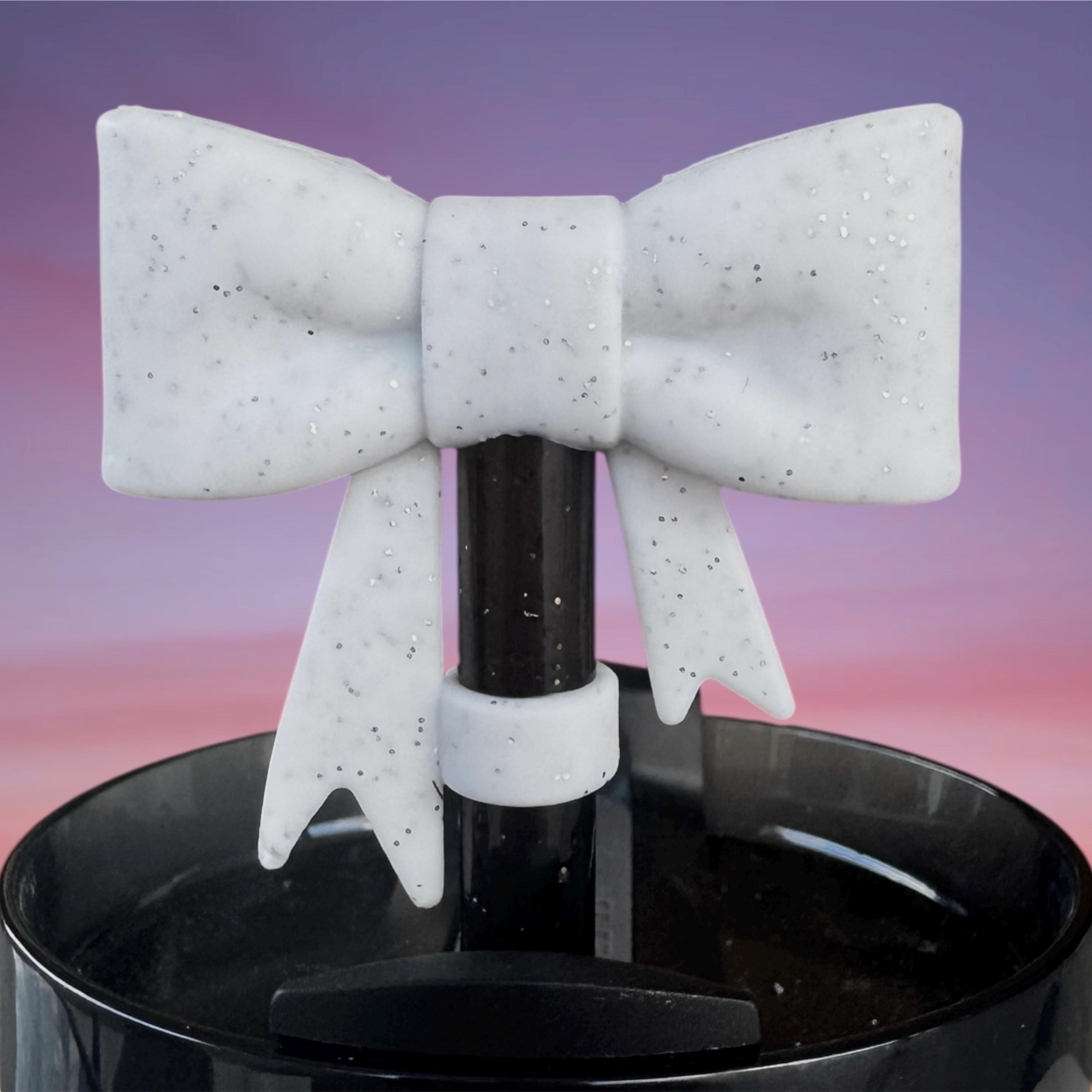 Big Bow Straw Topper, White Glitter