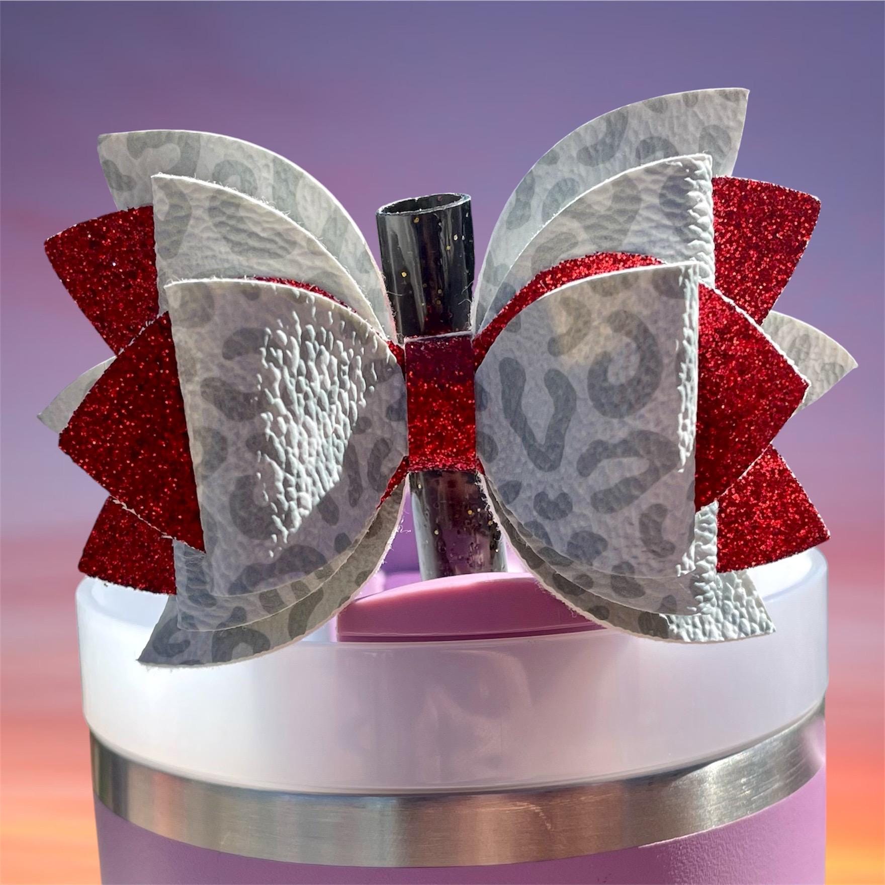 Leather Bow, Gray Leopard and Red Glitter