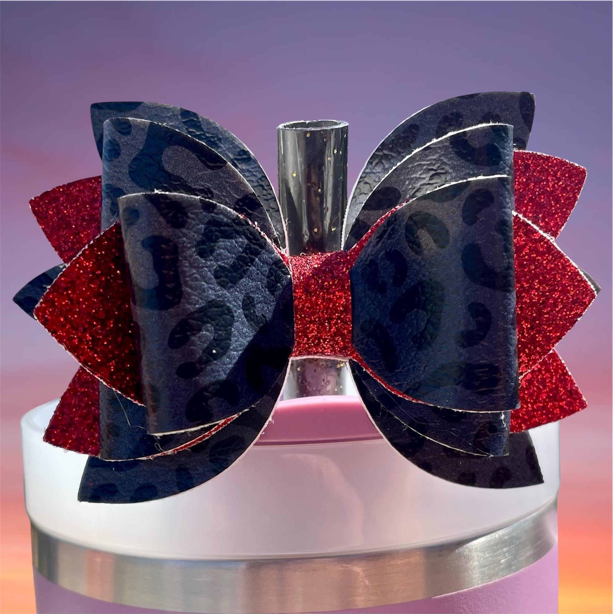 Leather Bow, Black Leopard and Red Glitter