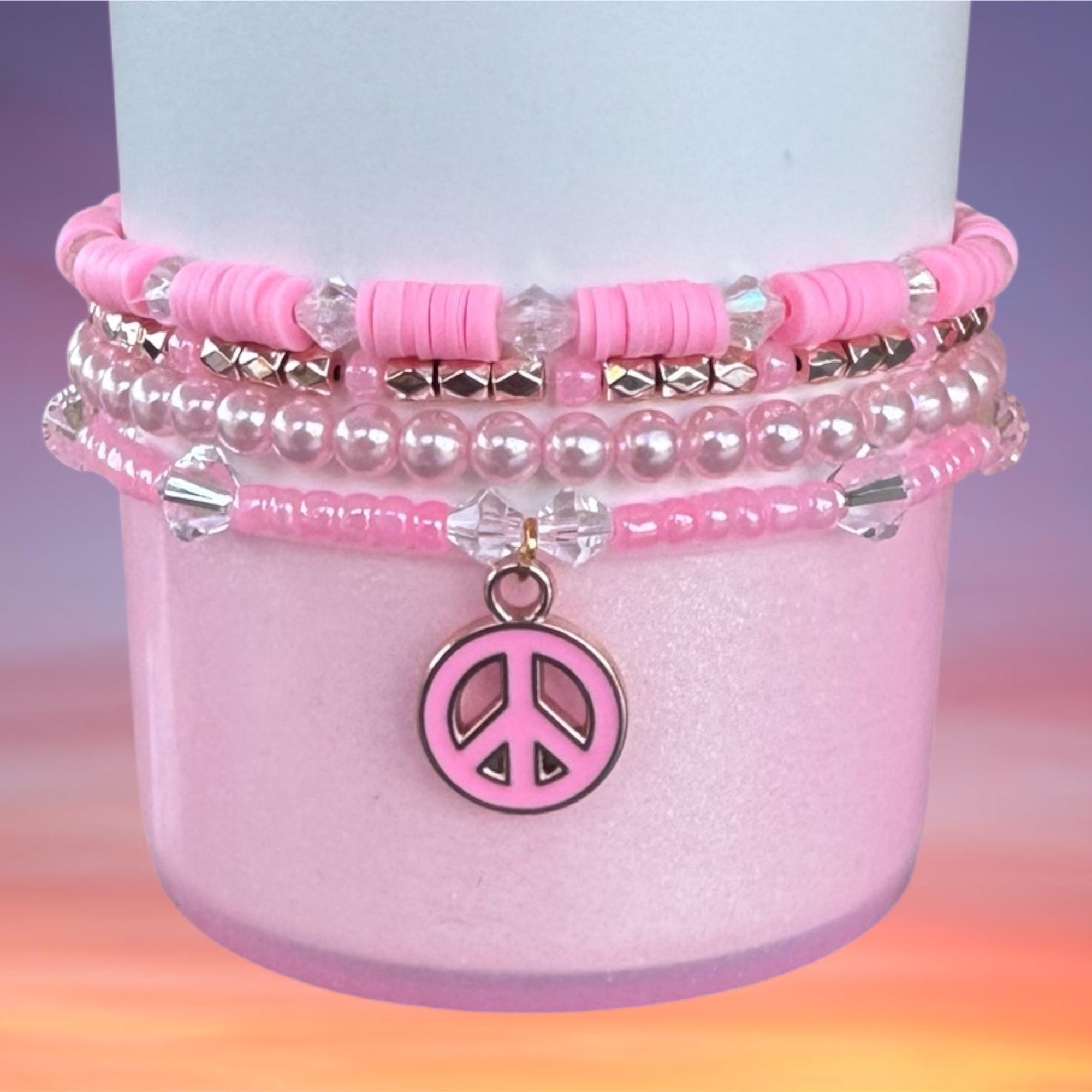 Tumbler Bracelet Stack, Pink, Peace Sign Charm