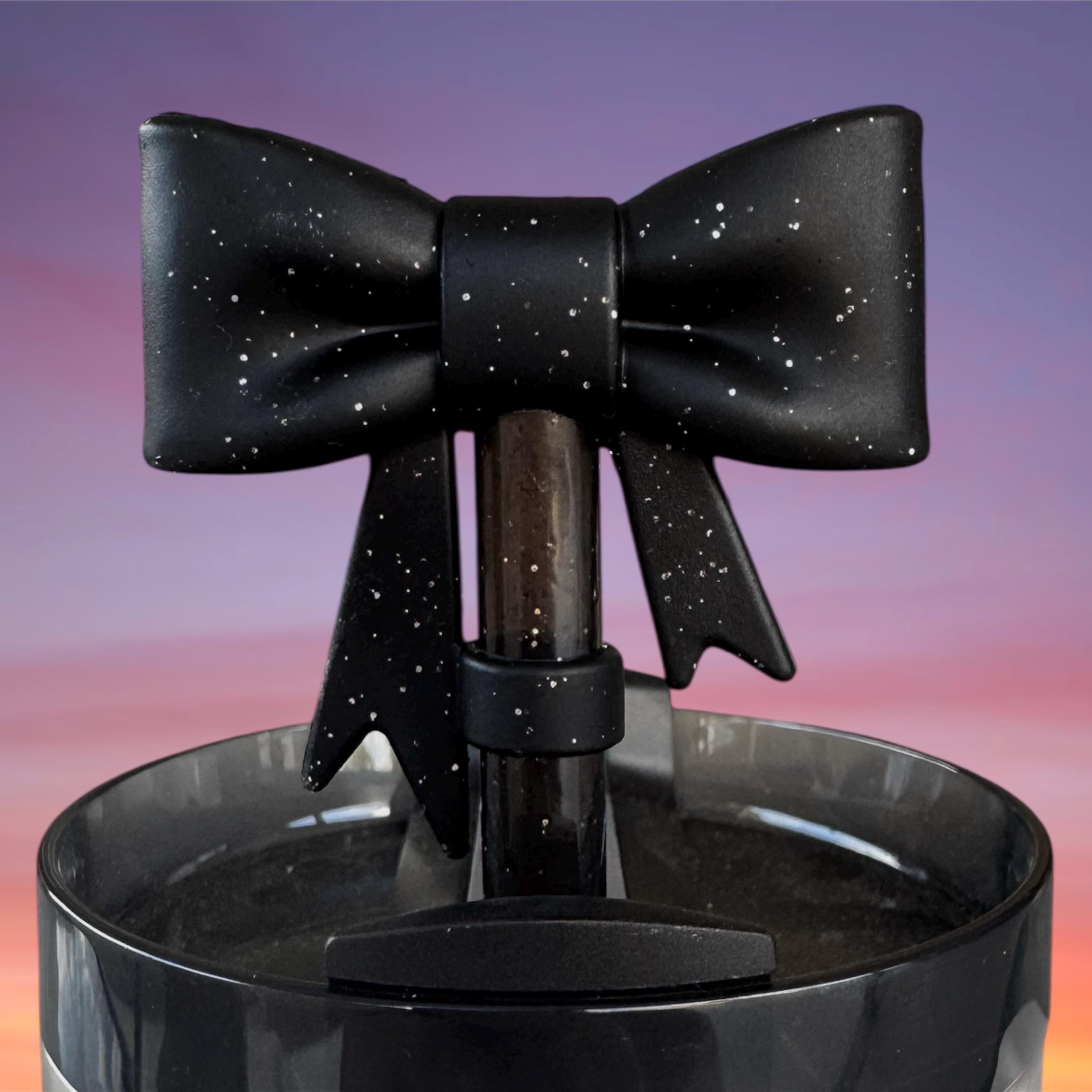 Big Bow Straw Topper, Black Glitter