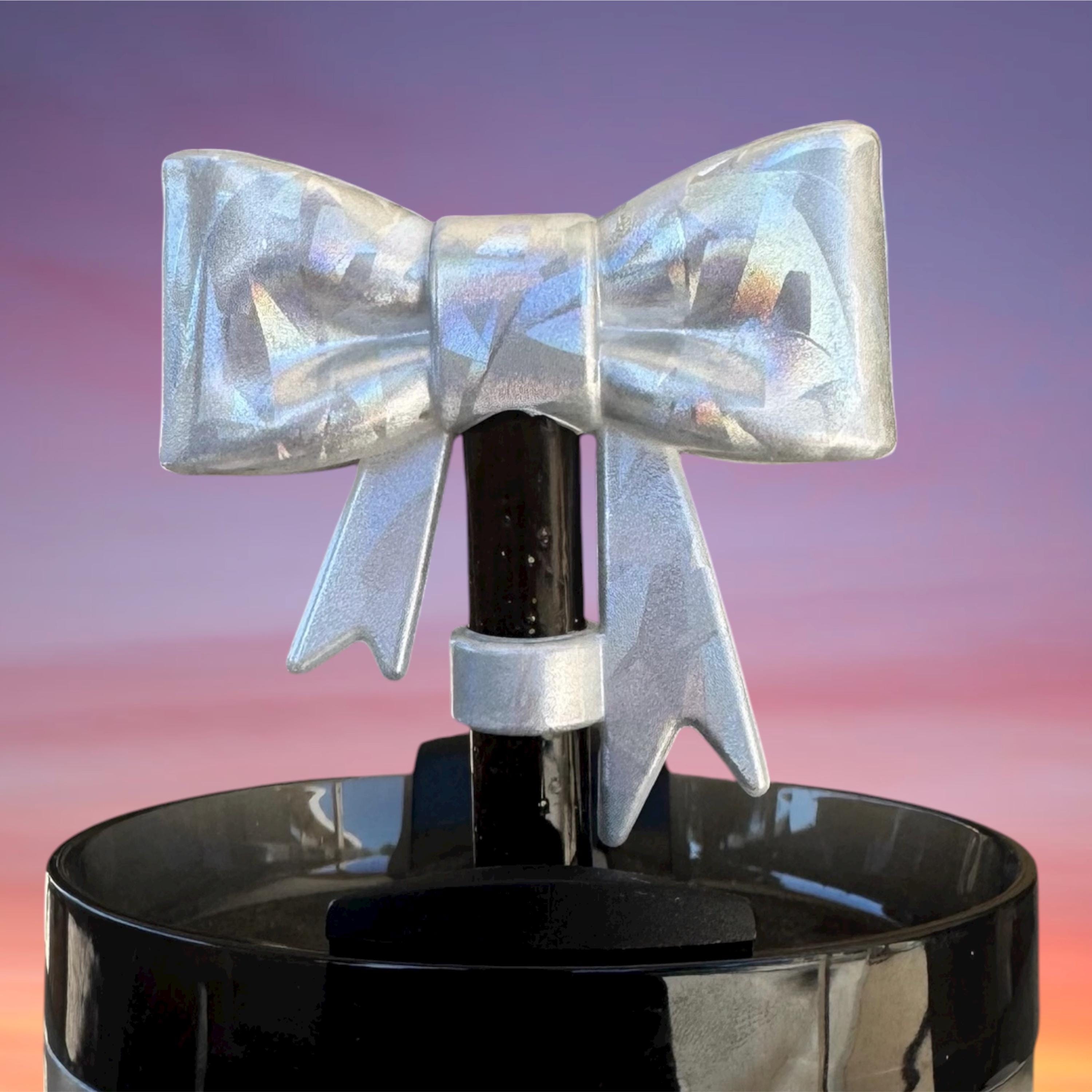 Big Bow Straw Topper, Holographic Silver