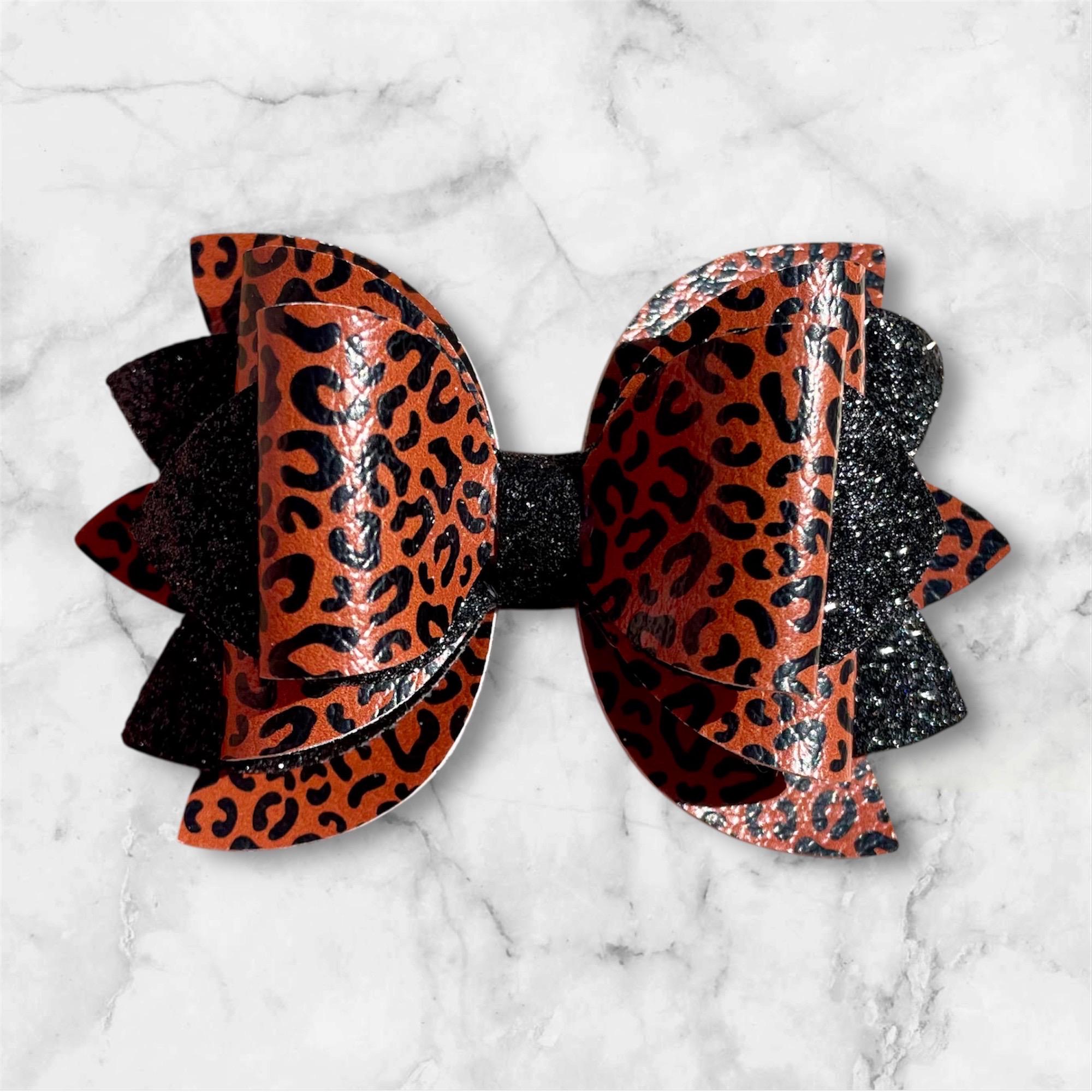 Leather Bow, Brown Leopard and Black Glitter