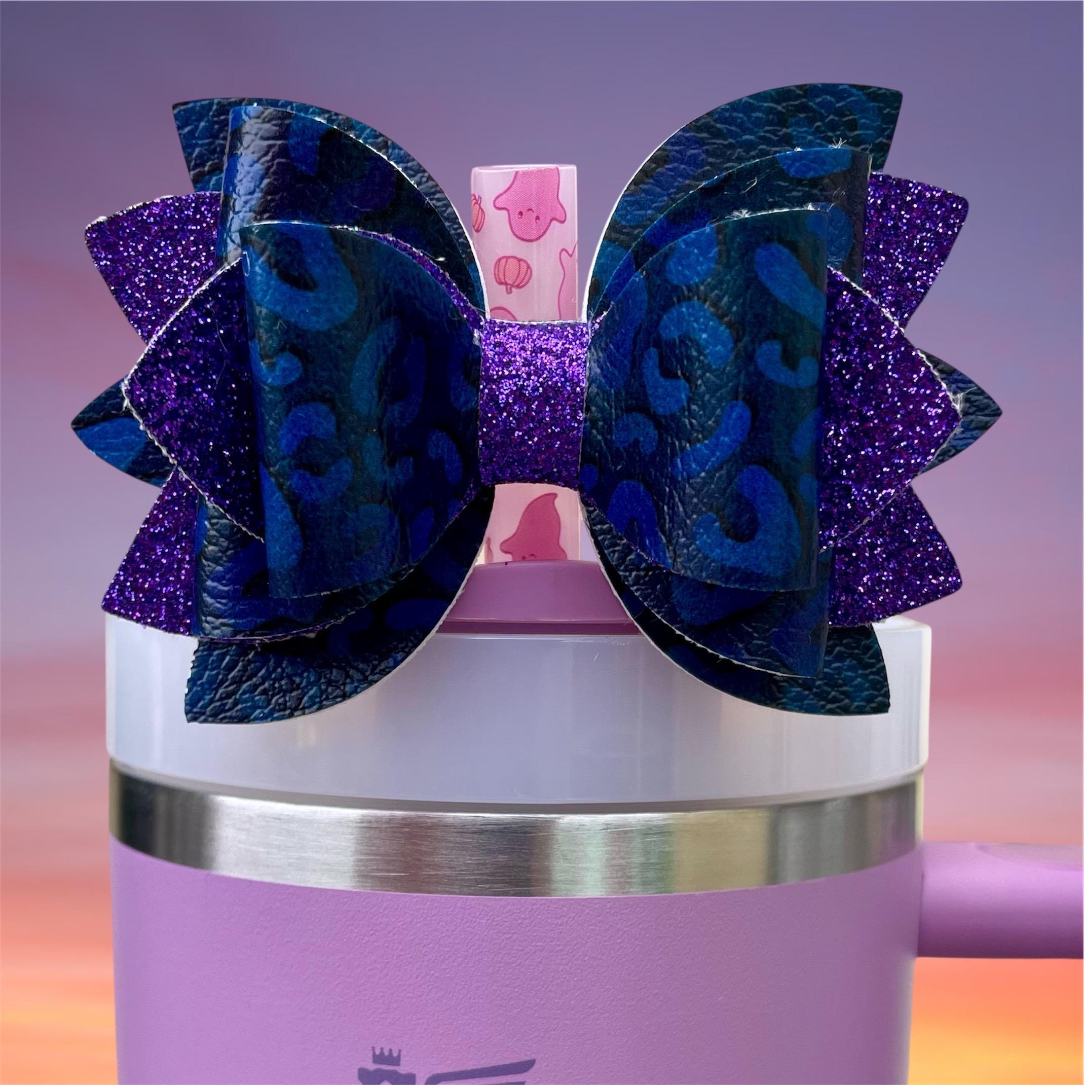 Leather Bow, Blue Leopard and Black and Purple Glitter