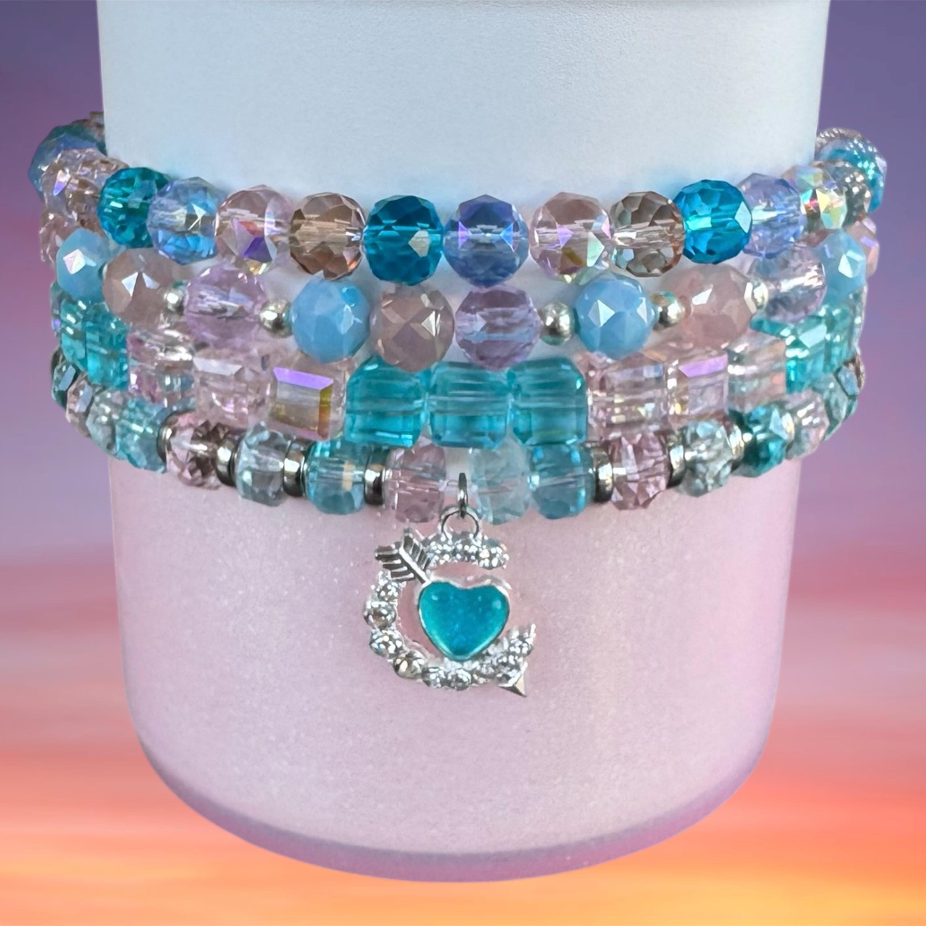 Tumbler Bracelet Stack, Light Blue Pink Peach, with Heart Charm