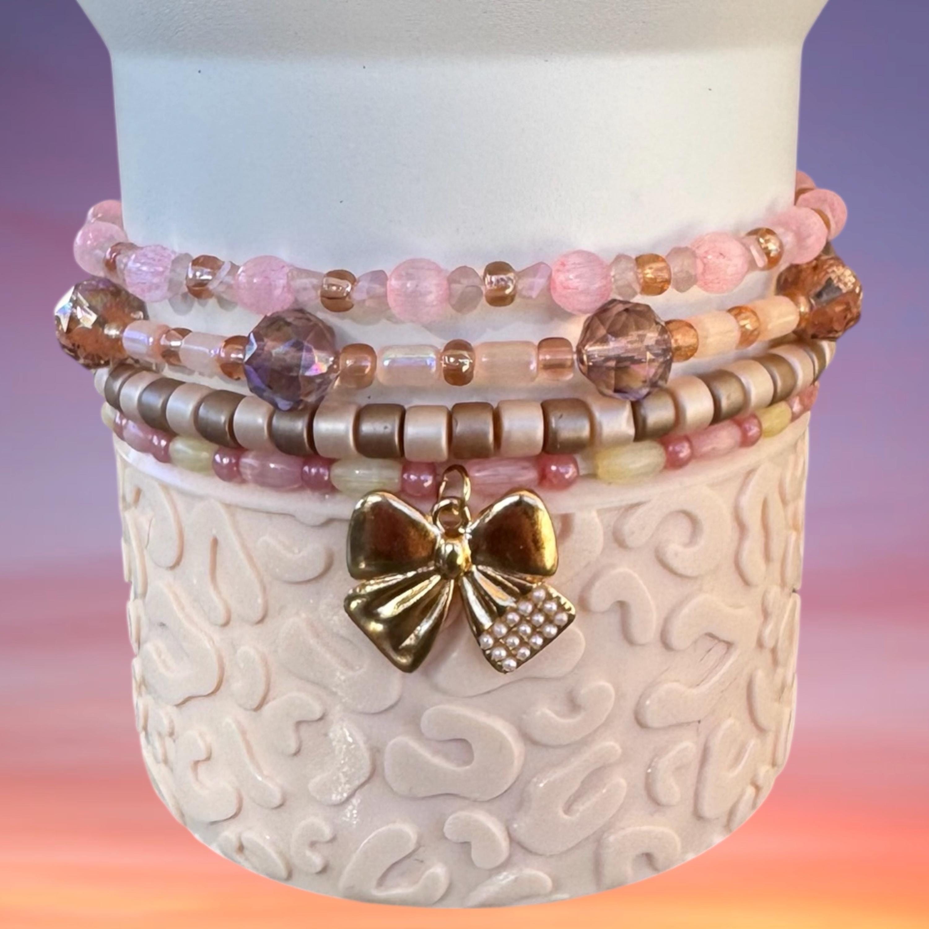 Tumbler Bracelet Stack, Pink Beige and Gold Bow
