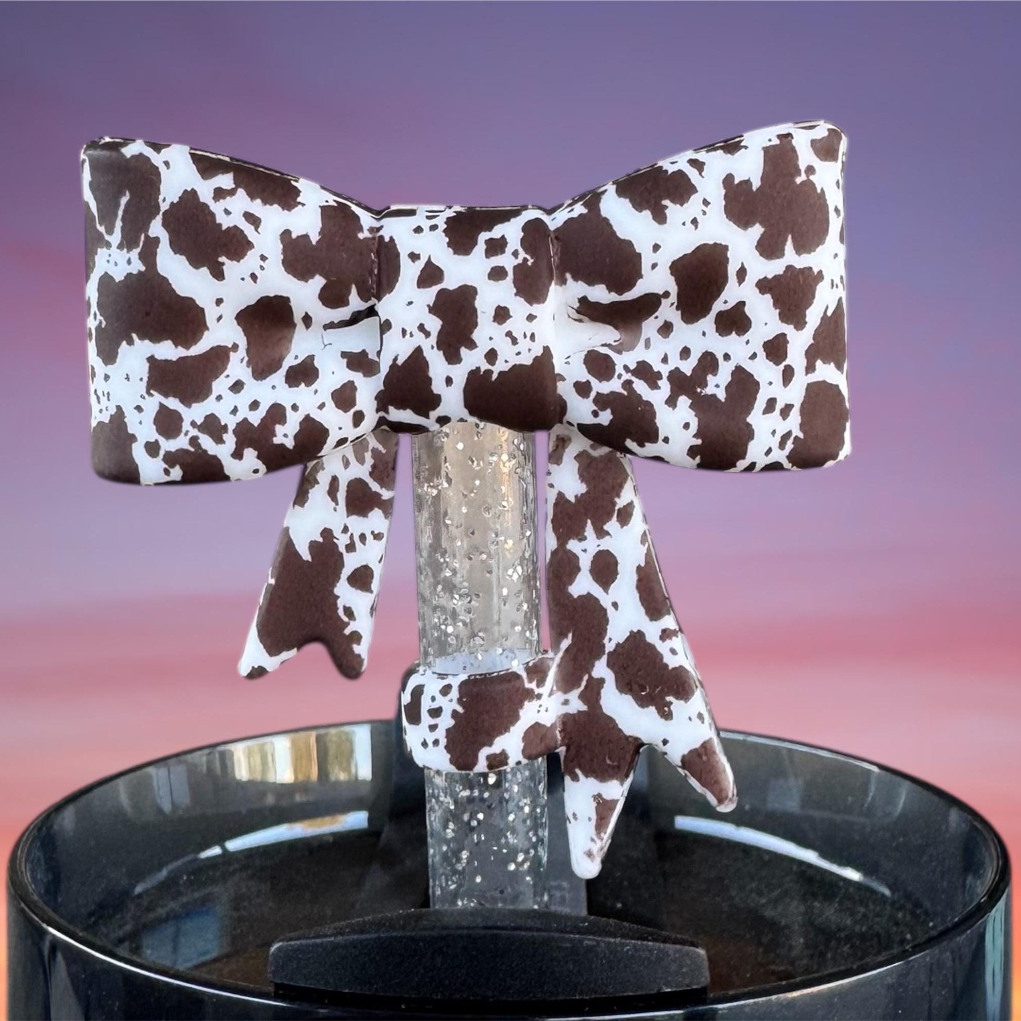 Big Bow Straw Topper, Brown Cow Print