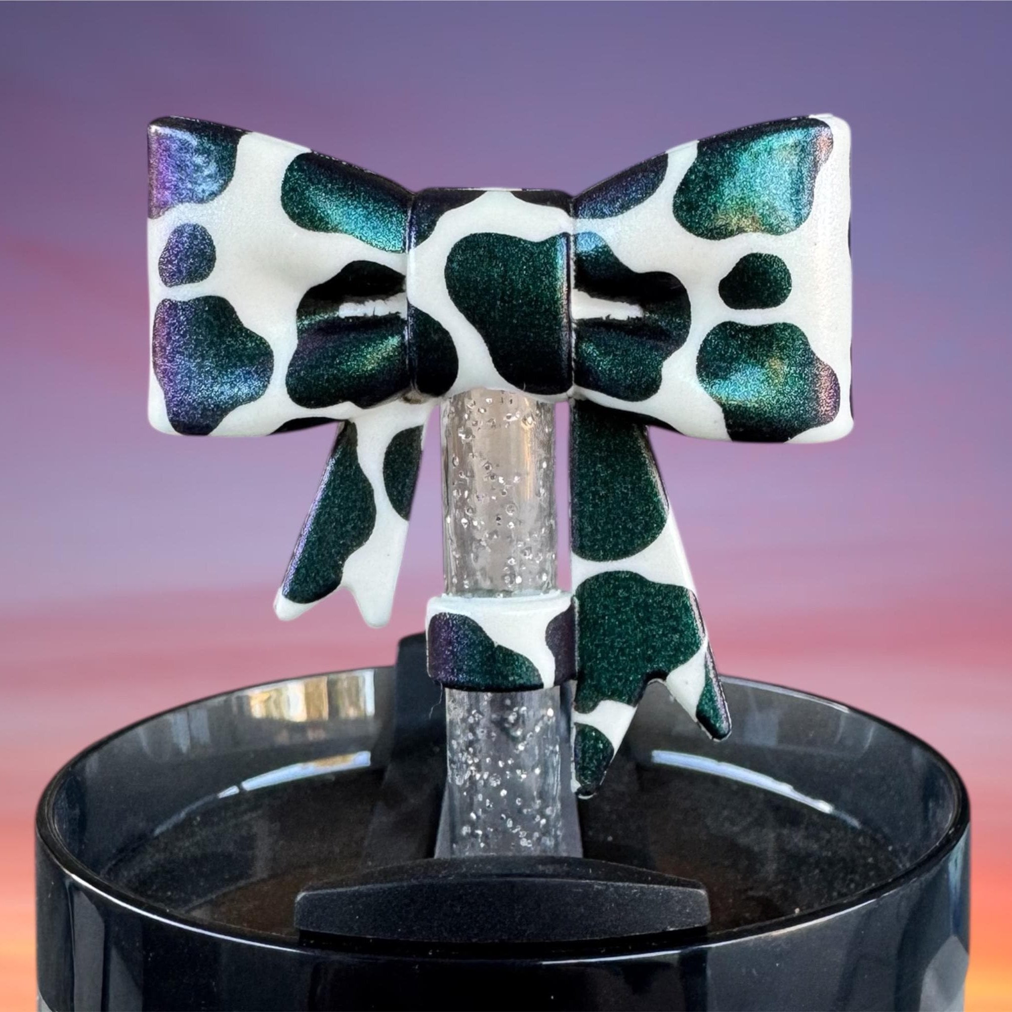 Big Bow Straw Topper, Shimmer Black Cow Print