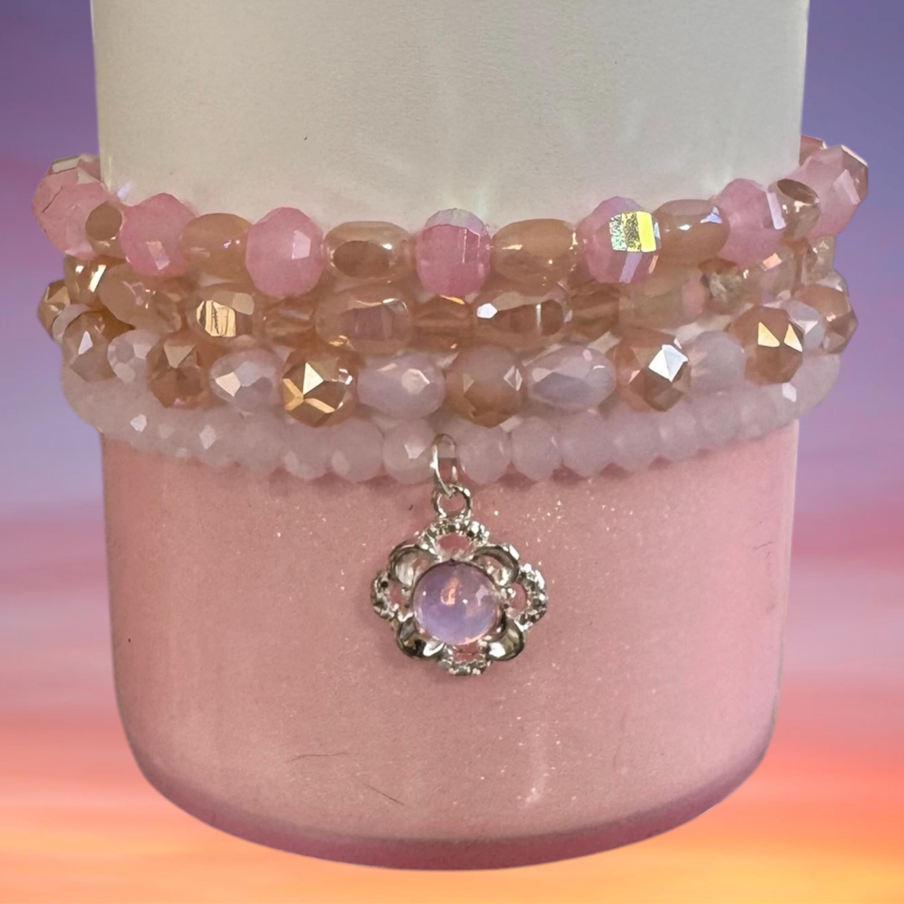 Tumbler Bracelet Stack, Pink and Coral with Silver Charm