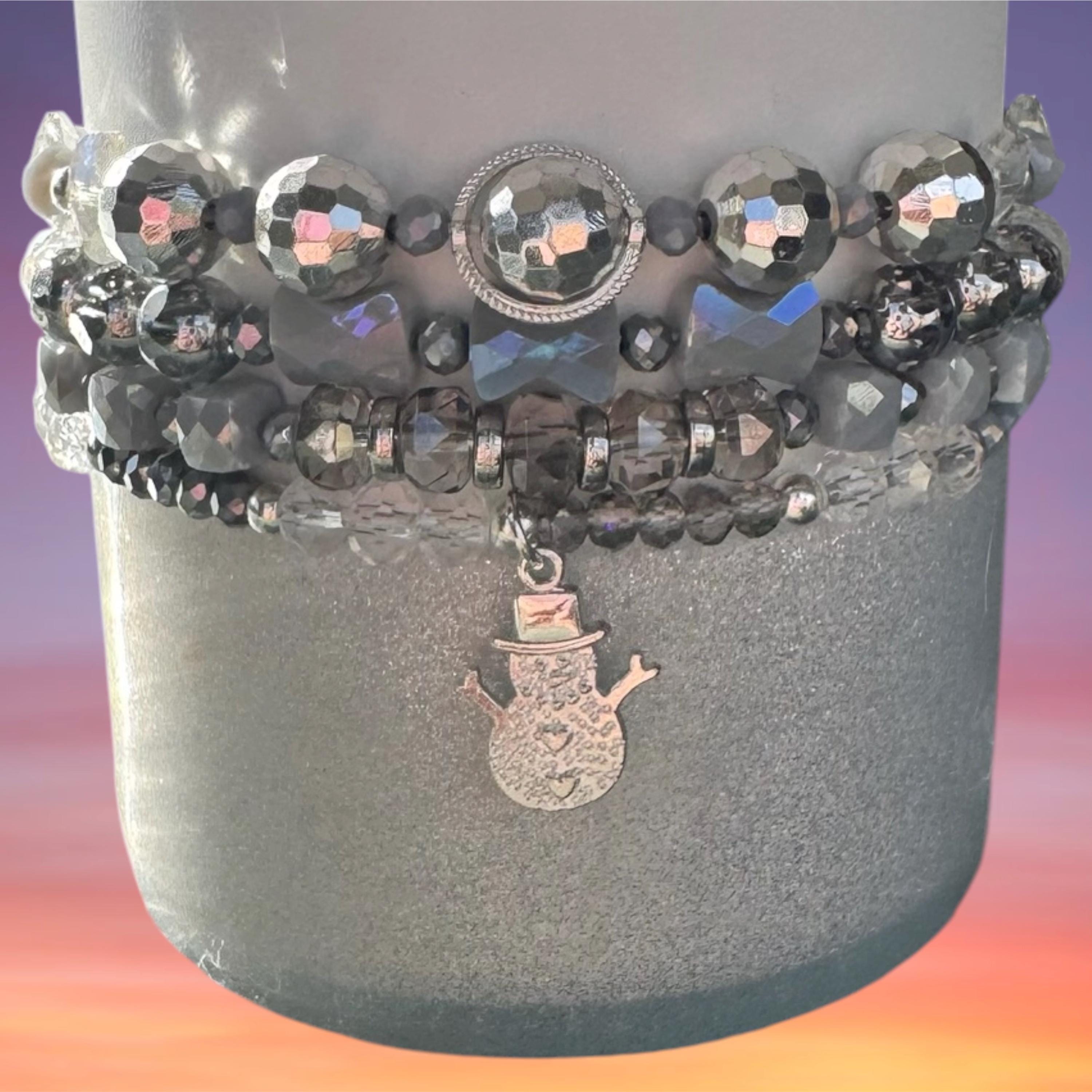 Tumbler Bracelet Stack, Winter Snowman Charm