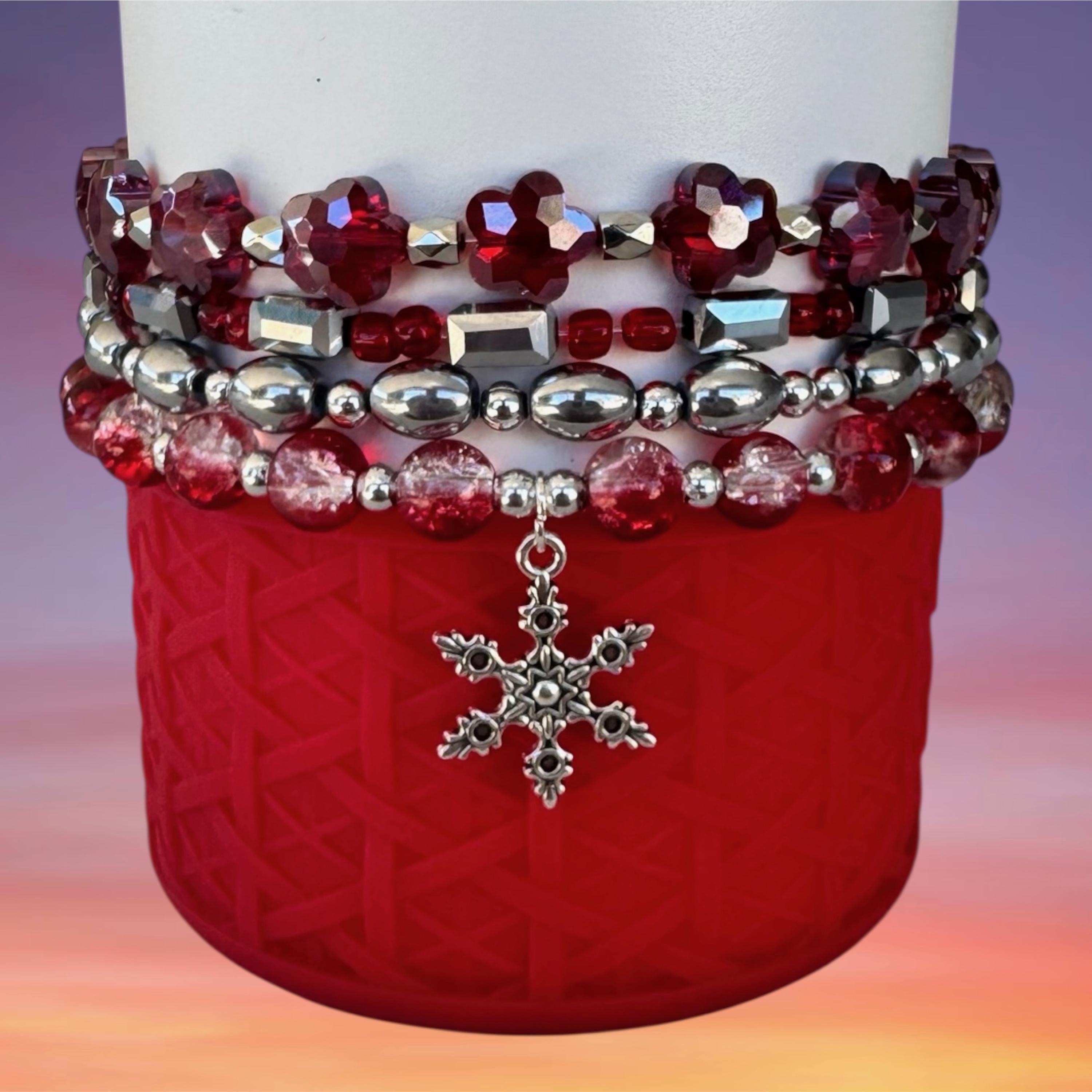 Tumbler Bracelet Stack, Red and Silver, Snowflake