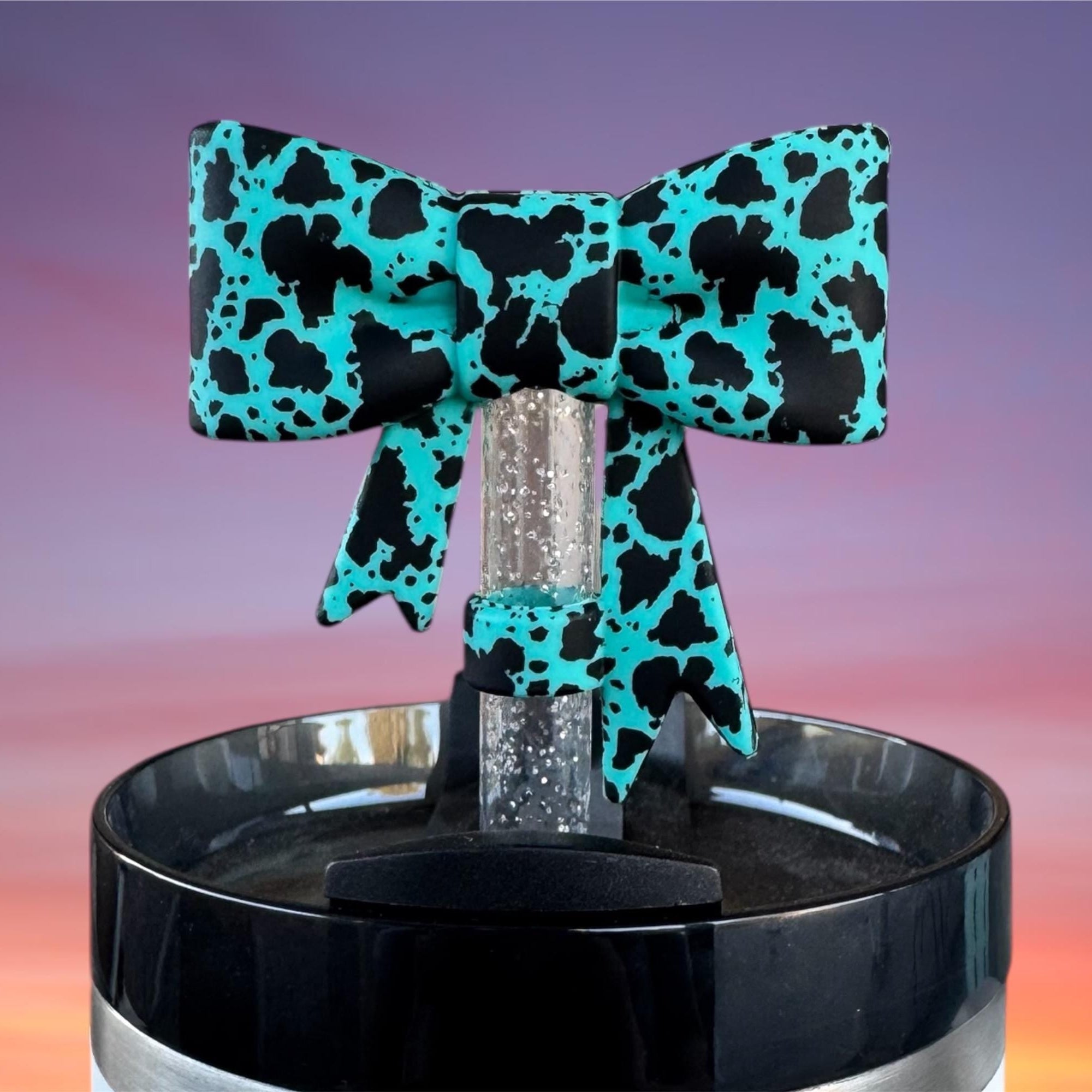 Big Bow Straw Topper, Teal Cow Print