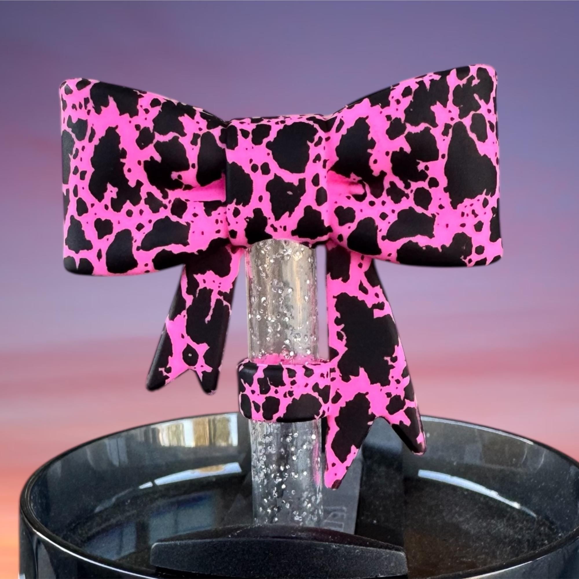 Big Bow Straw Topper, Pink Cow Print