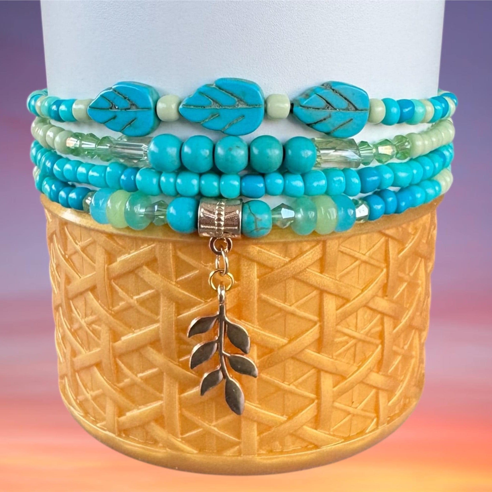 Tumbler Bracelet Stack, Turquoise and Green with Gold Leaf Charm