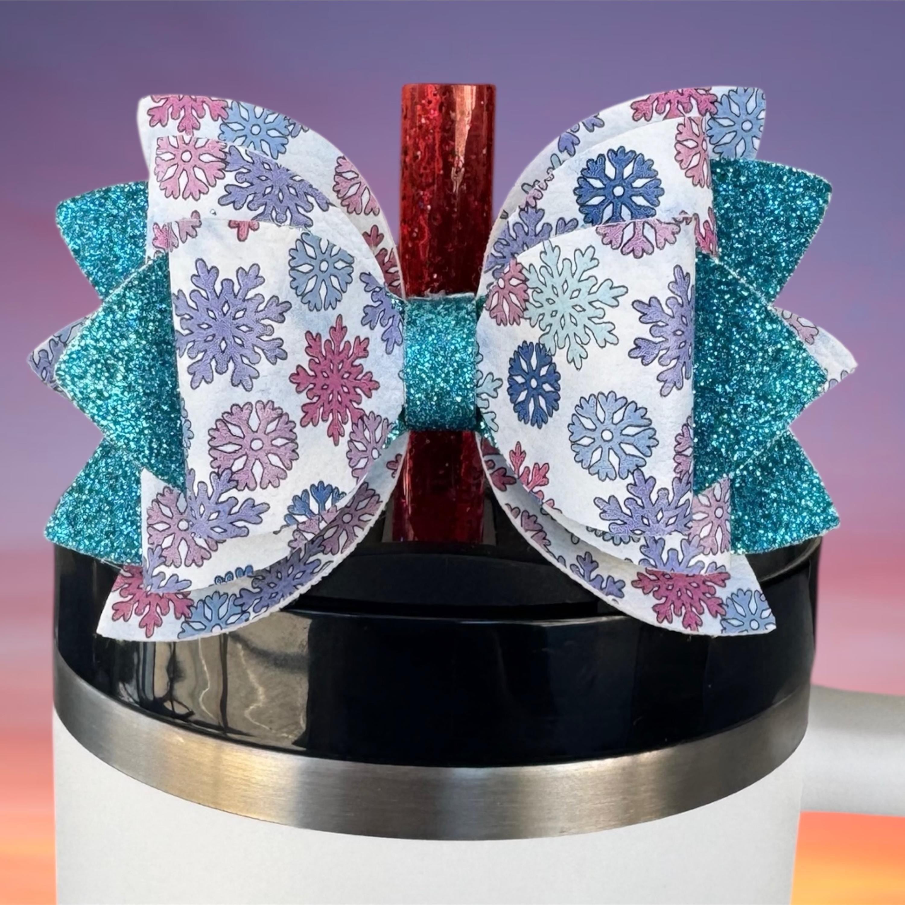 Leather Bow, Winter Snowflakes and Teal Blue Glitter