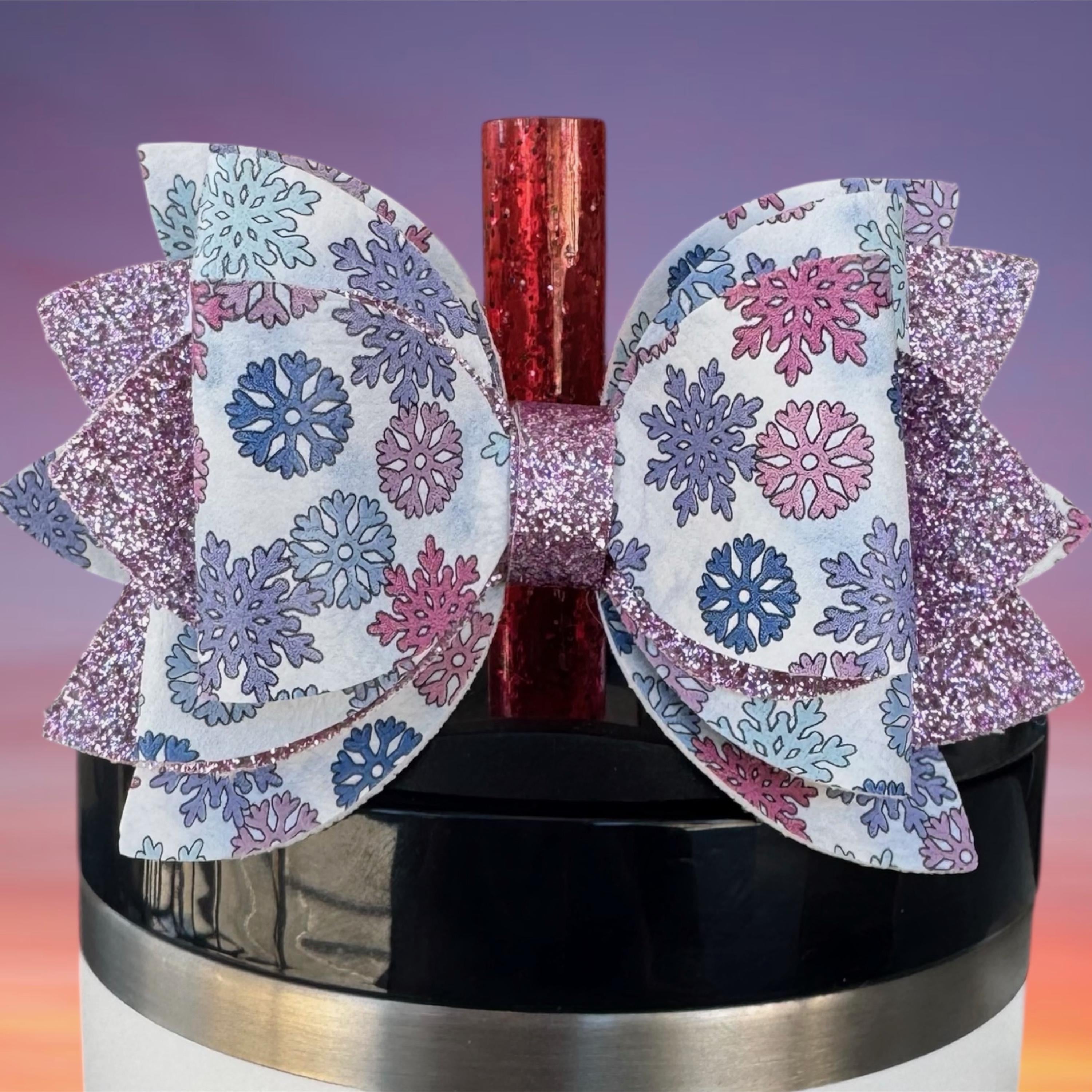 Leather Bow, Winter Snowflakes and Pinkish Purple Glitter