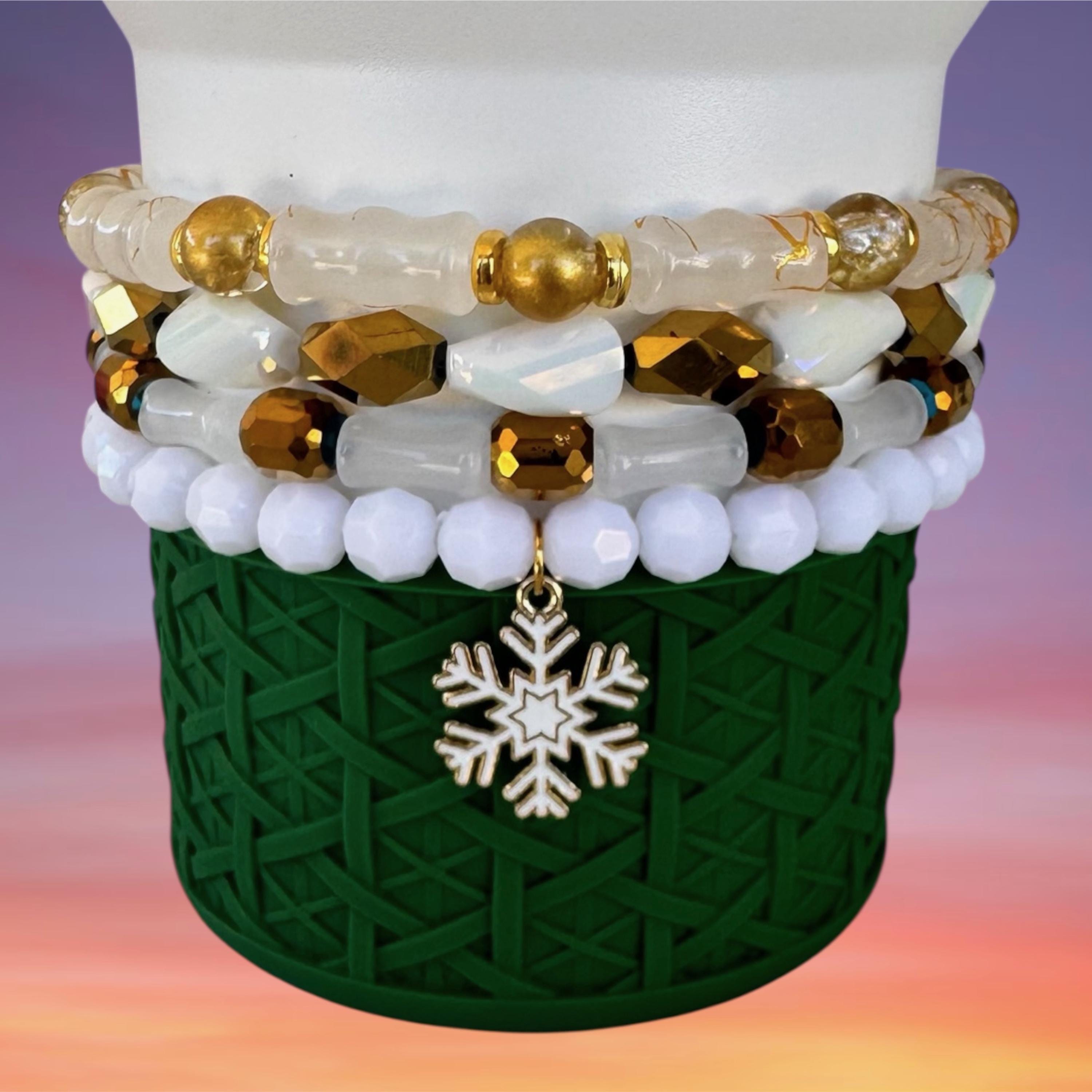 Tumbler Bracelet Stack, Gold and White, Snowflake