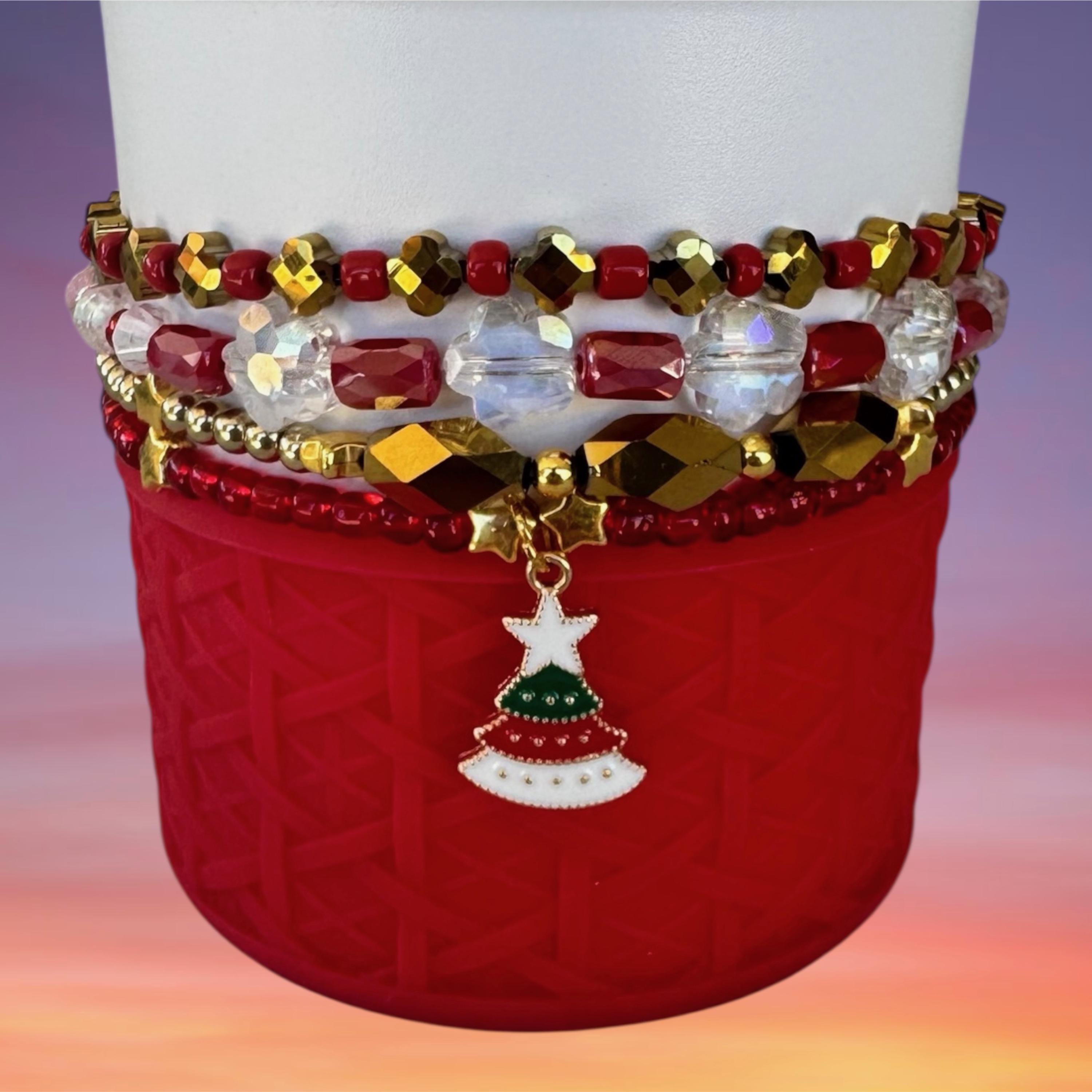 Tumbler Bracelet Stack, Red and Gold, Christmas Tree Charm