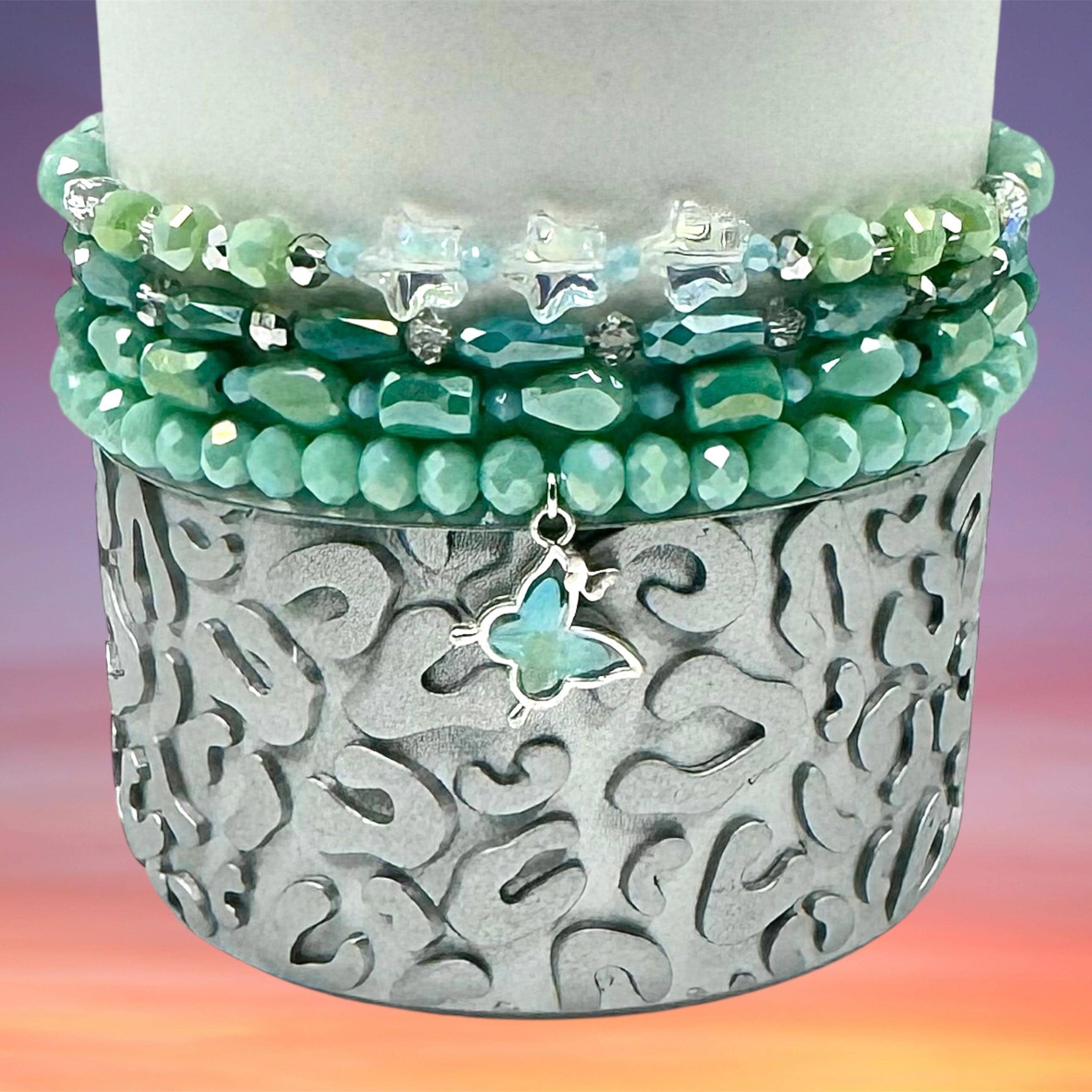 Tumbler Bracelet Stack, Turquoise, Butterfly Charm