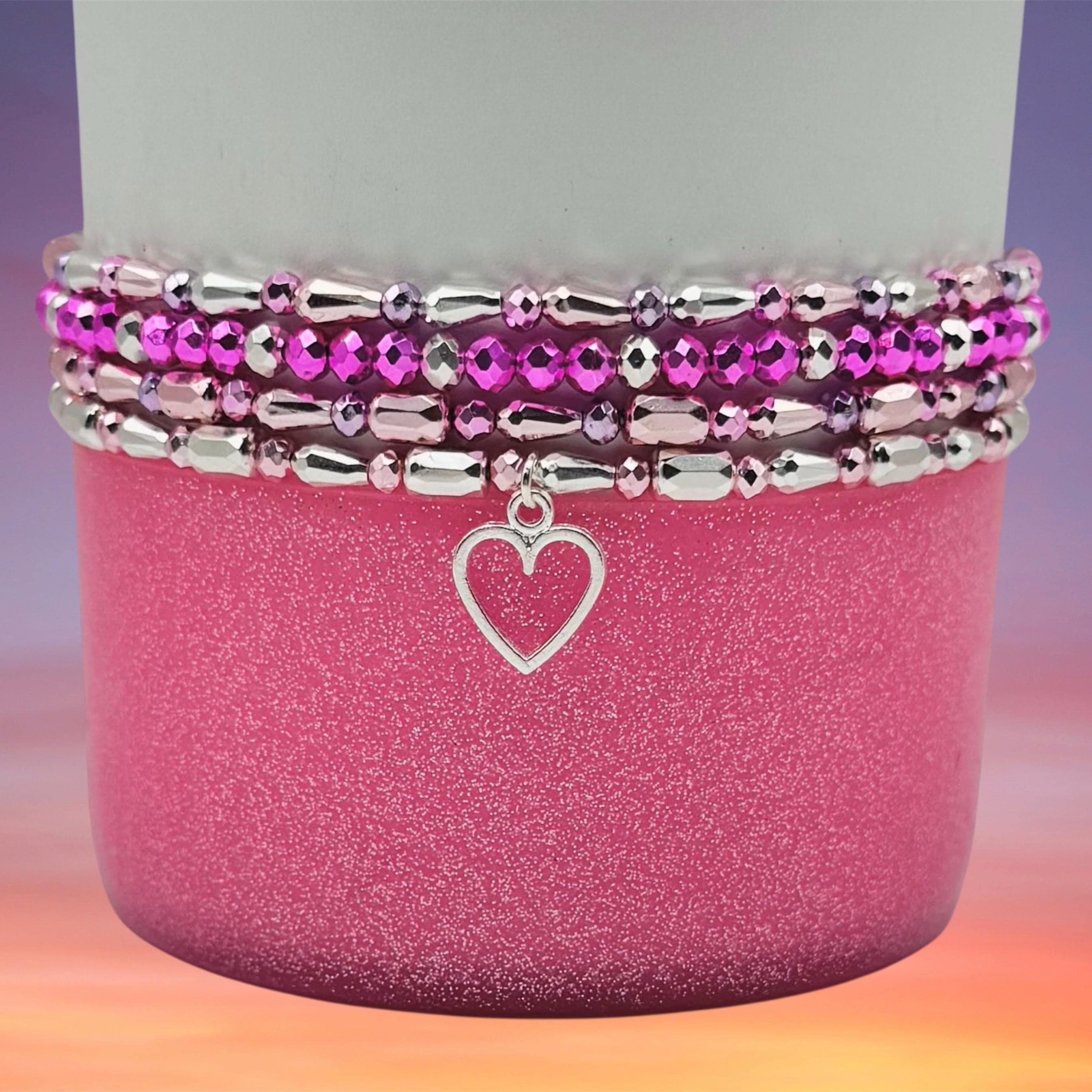Tumbler Bracelet Stack, Valentines Day, Pink and Purple