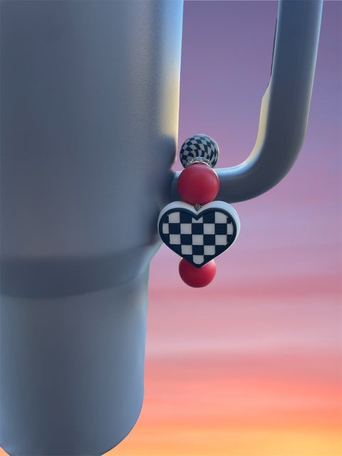 Handle Charm, Checker Heart with Red Beads