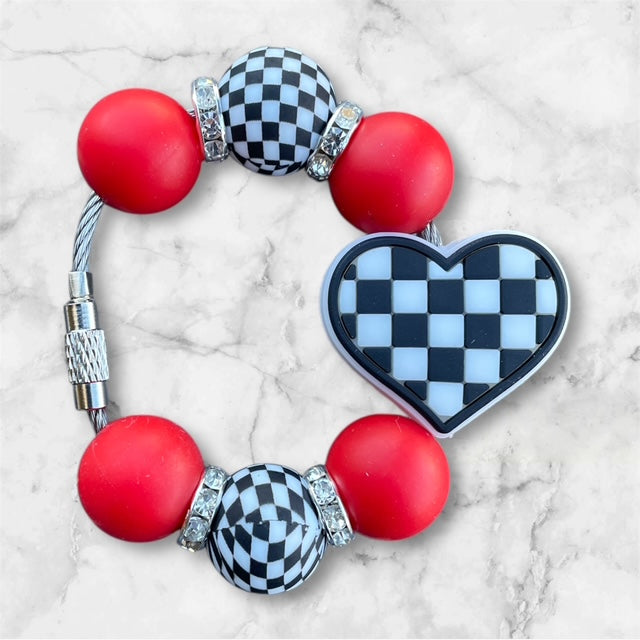 Handle Charm, Checker Heart with Red Beads
